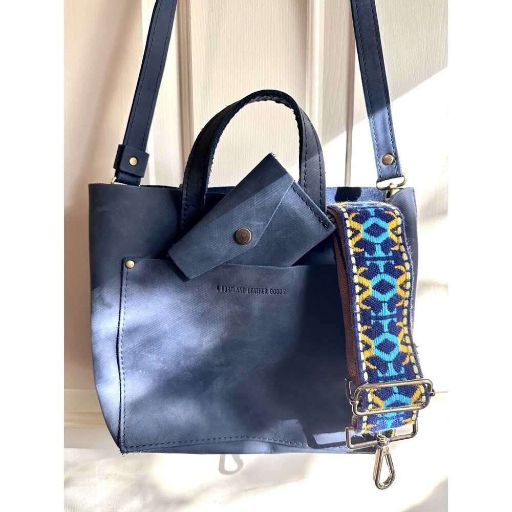 Portland Leather Goods mini crossbody tote deep water navy blue set wallet strap